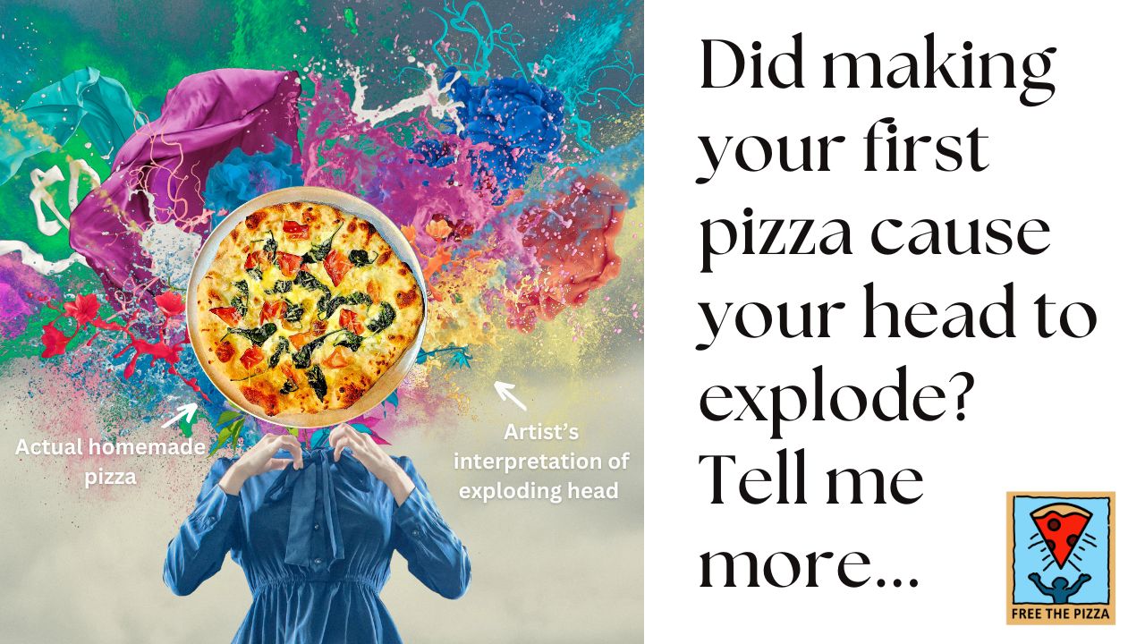 person's head exploding with color around a homemade pizza 