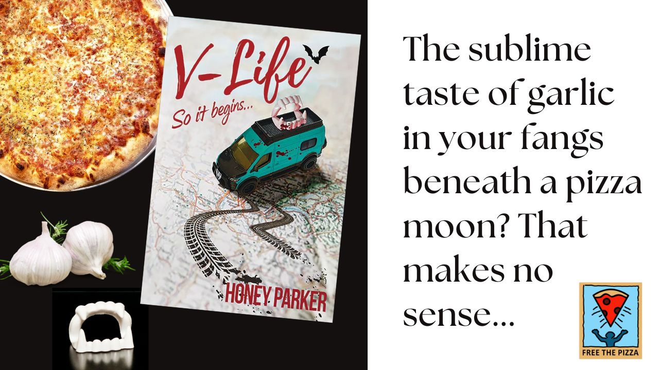 V-life book cover, garlic, plastic fangs and pizza